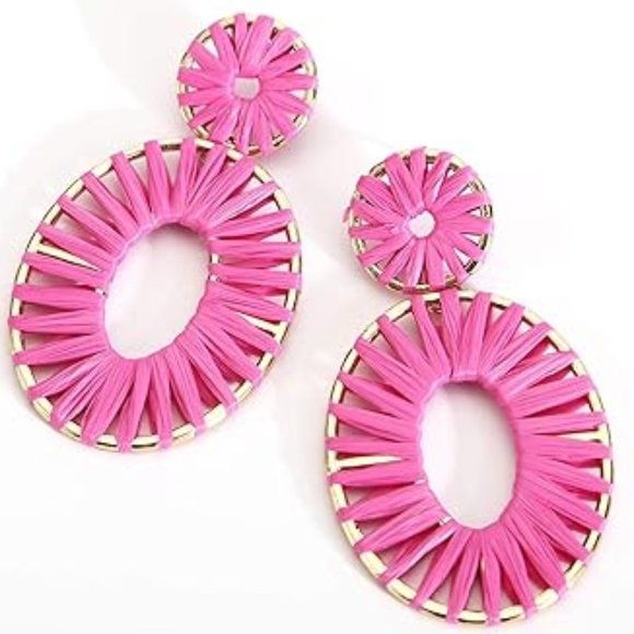 Big Hot Pink Oversized Wicker Oval Hoop Earrings Boho Vacation Rattan Raffia New - Picture 1 of 4
